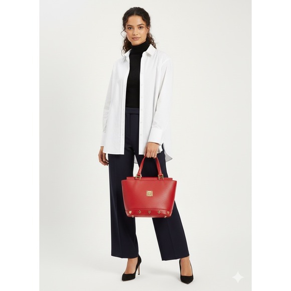 MCM Handbags - MCM‎ Vtg Red Leather Tote Bag Gold MCM Logo Studs Top Handles Small Statement